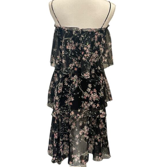 VTG 60-70s Black Chiffon Tiered Midi Dress Pink Floral Coquette Fairy Cottage XS - Picture 2 of 12